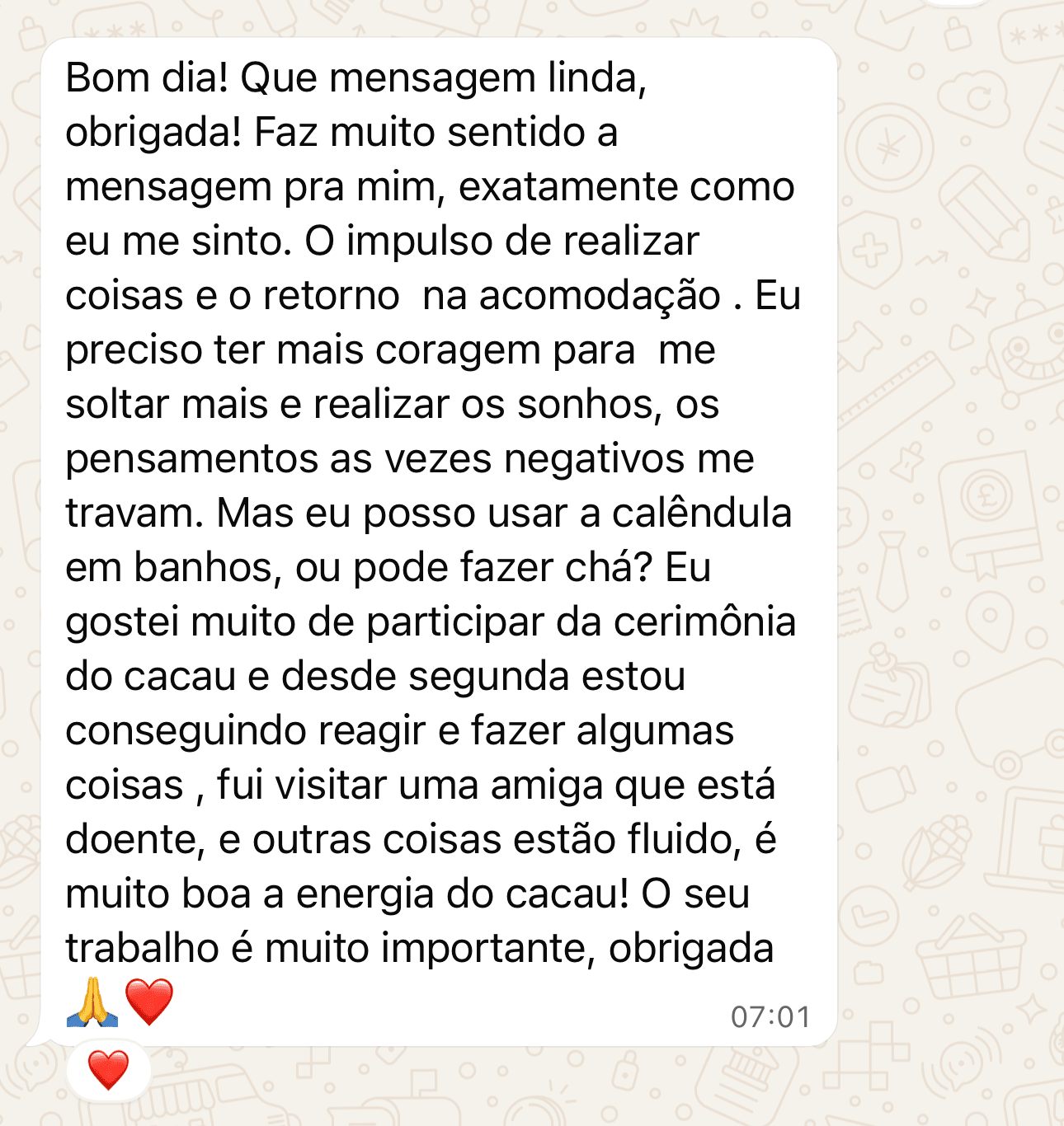 Print de mensagem sobre consagracao e cerimonia com Camila Santana Terapias