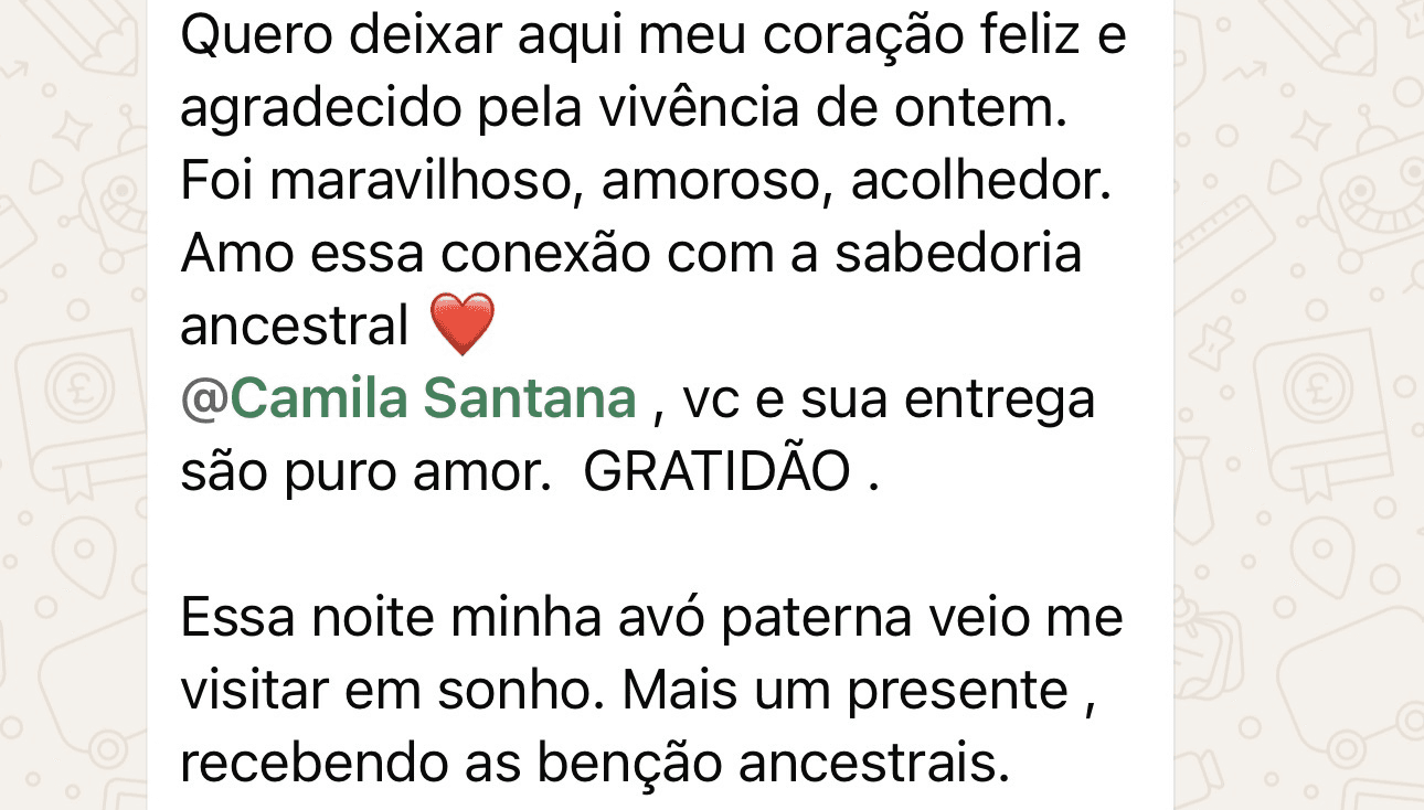 Print de mensagem de agradecimento recebida por Camila Santana Terapias
