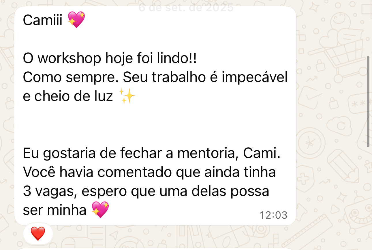 Print de mensagem sobre workshop e mentoria com Camila Santana Terapias